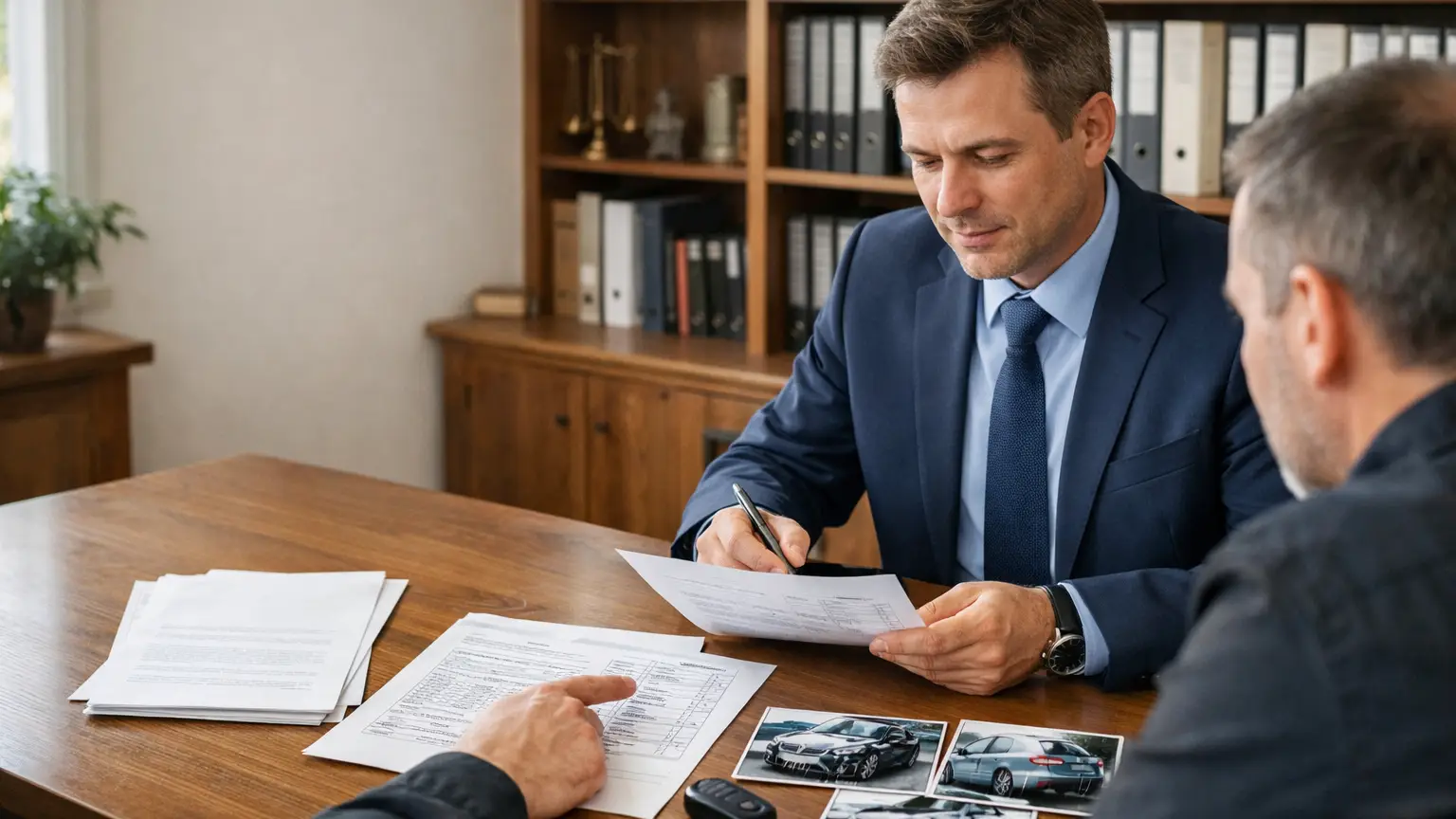 Prawnik siedzi przy biurku w kancelarii i analizuje dokumenty dotyczące szkody komunikacyjnej. Na biurku leżą decyzja ubezpieczyciela, kosztorys naprawy pojazdu, zdjęcia uszkodzonego auta i kluczyk samochodowy. Po drugiej stronie biurka siedzi klient, częściowo widoczny od tyłu lub z boku, wskazujący na jedną z pozycji w kosztorysie. W tle regał z aktami i spokojne wnętrze kancelarii. Światło dzienne z okna, kadr poziomy, naturalna scena konsultacji prawnej, wolna przestrzeń po lewej stronie na tekst, proporcje 16:9.