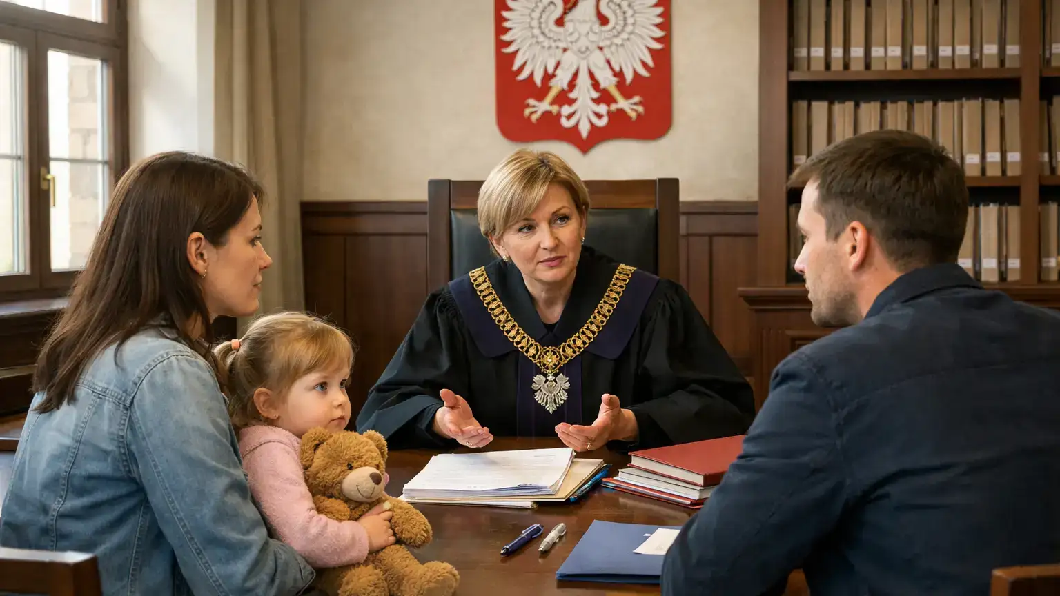 rodzice-w-sadzie-opiekunczym Rodzice z dzieckiem rozmawiają z sędzią w sali sądowej podczas sprawy o zgodę na odrzucenie spadku.